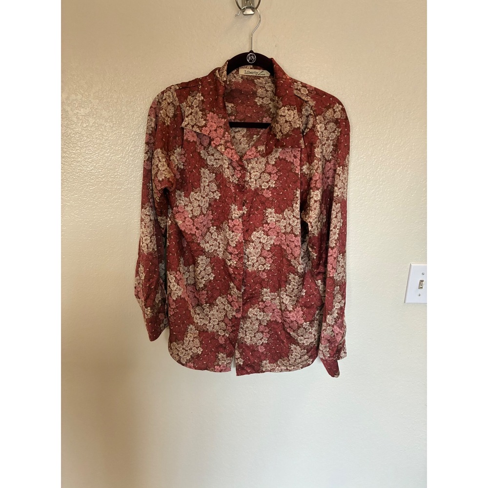 Liberty Love Womens XL Floral Button Down Blouse Burgundy Pink Long Sleeve Top